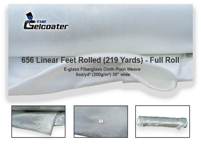 Full roll, 656 linear feet, 219 yards of plain weave e-glass fiberglass cloth in 6 ounce per square yard, 200 grams per square meter weight and 39 inch width with various pictures of the cloth and The Gelcoater logo
