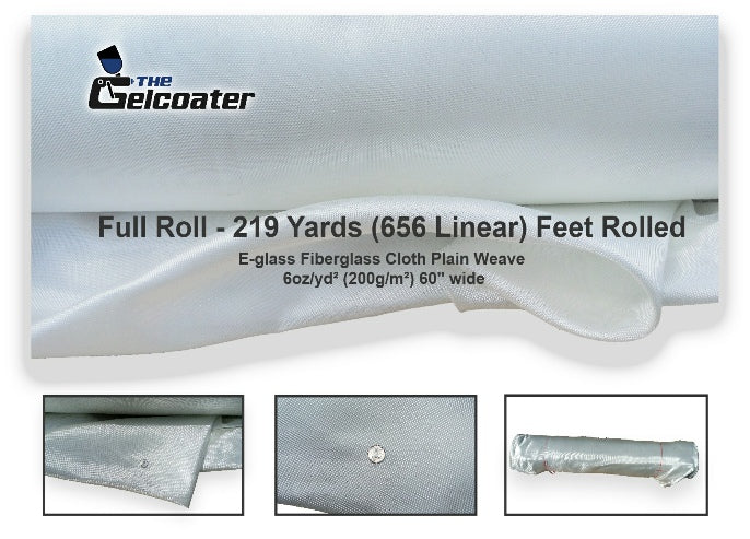 Full Roll - 656 Feet (219 Yards) of plain weave e-glass fiberglass cloth in 6 ounce per square yard, 200 grams per square meter weight and 60 inch width with various pictures of the cloth and The Gelcoater logo