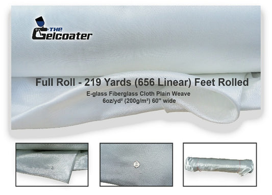 Full Roll - 656 Feet (219 Yards) of plain weave e-glass fiberglass cloth in 6 ounce per square yard, 200 grams per square meter weight and 60 inch width with various pictures of the cloth and The Gelcoater logo