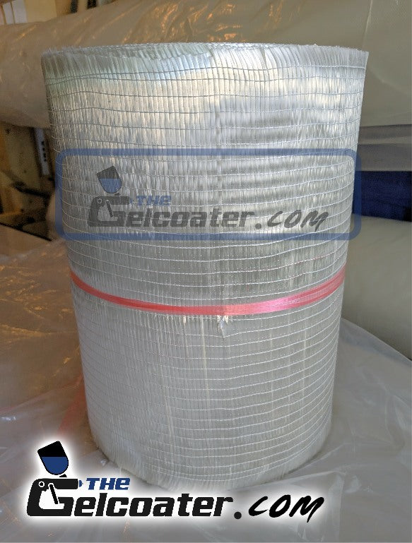 a roll of 12 inch wide 11 ounce per square yard, 373 gram per square meter unidirectional fiberglass cloth with The Gelcoater.com logo