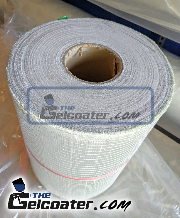 birds eye view of a roll of 12 inch wide 11 ounce per square yard, 373 gram per square meter unidirectional fiberglass cloth with The Gelcoater.com logo