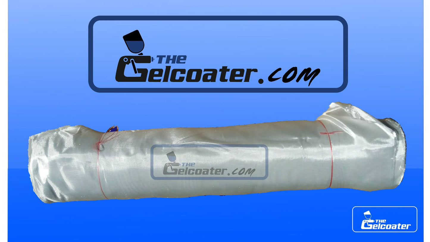 a full roll of 6oz per square yard, 200 gram per square meter e-glass fiberglass cloth in 50 inch width with The Gelcoater.com logo and a smaller The Gelcoater logo
