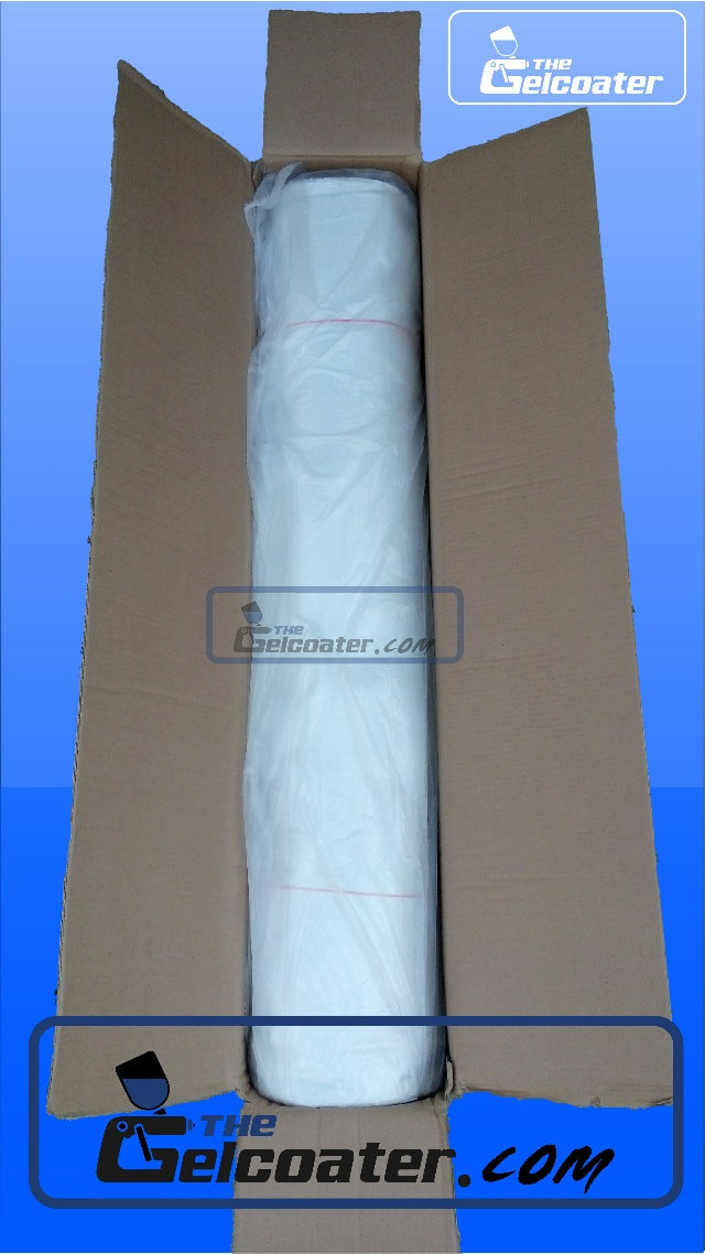 a full roll shown in its box of 6oz per square yard, 200 gram per square meter e-glass fiberglass cloth in 50 inch width with The Gelcoater.com logo and a smaller The Gelcoater logo