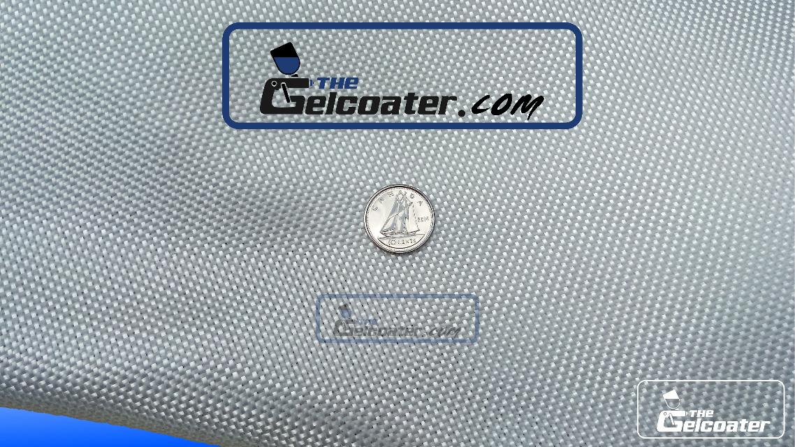 the gelcoater dot com logo with a dime on top of fiberglass cloth to show the fineness and tightness of the cloths weave