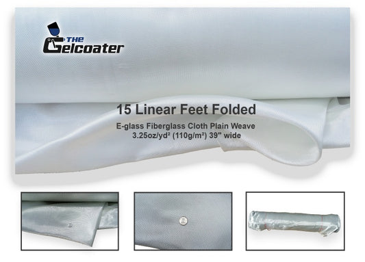 15 linear feet of plain weave e-glass fiberglass cloth in 3.25 ounce per square yard, 110 grams per square meter weight and 39 inch width with various pictures of the cloth and The Gelcoater logo