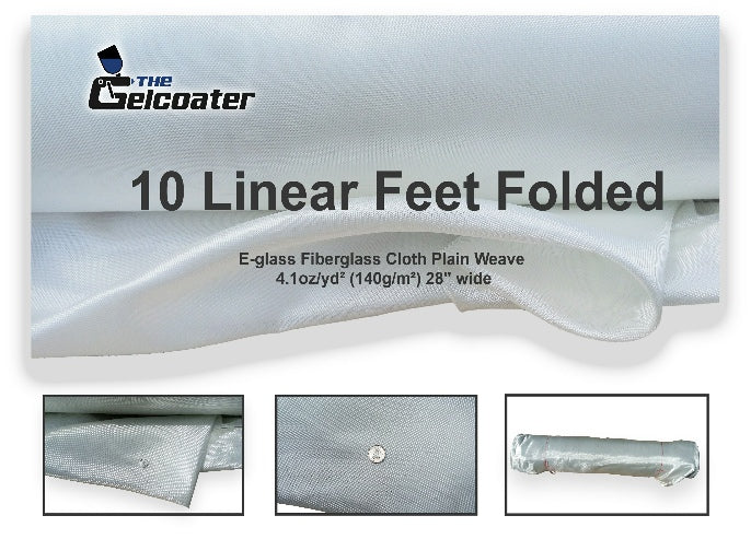 10 linear feet of plain weave e-glass fiberglass cloth in 4.1 ounce per square yard, 140 grams per square meter weight and 28 inch width with various pictures of the cloth and The Gelcoater logo