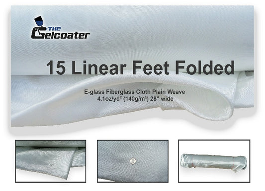 15 linear feet of plain weave e-glass fiberglass cloth in 4.1 ounce per square yard, 140 grams per square meter weight and 28 inch width with various pictures of the cloth and The Gelcoater logo