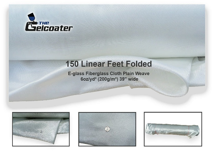 150 linear feet of plain weave e-glass fiberglass cloth in 6 ounce per square yard, 200 grams per square meter weight and 39 inch width with various pictures of the cloth and The Gelcoater logo