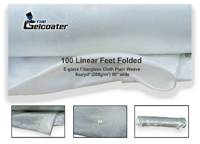 100 linear feet of plain weave e-glass fiberglass cloth in 6 ounce per square yard, 200 grams per square meter weight and 50 inch width with various pictures of the cloth and The Gelcoater logo