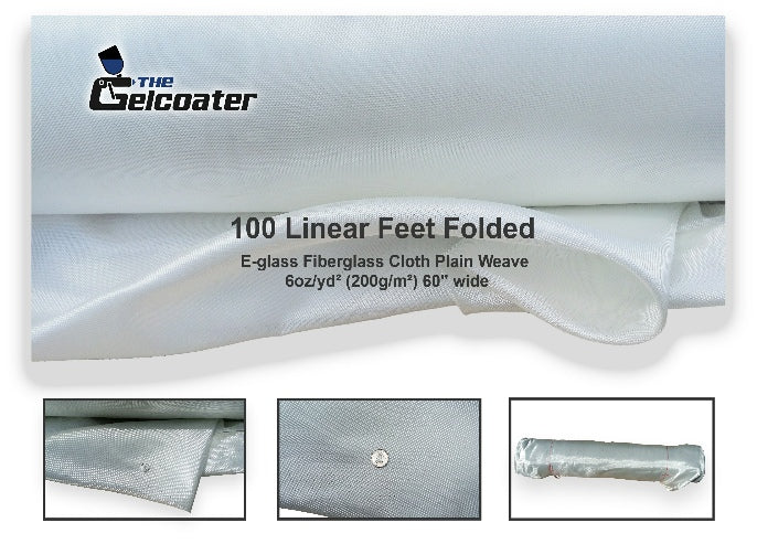 100 linear feet of plain weave e-glass fiberglass cloth in 6 ounce per square yard, 200 grams per square meter weight and 60 inch width with various pictures of the cloth and The Gelcoater logo