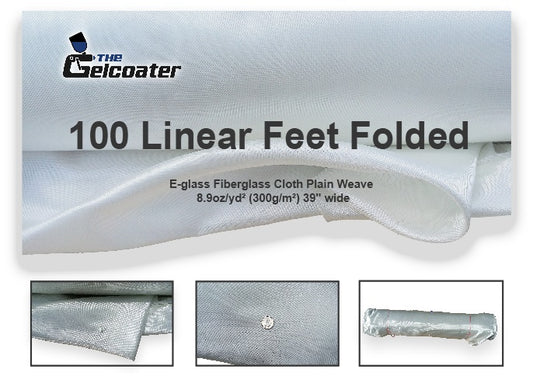 100 linear feet of folded e glass fiberglass cloth in 8.9 ounce weight and 39 inch wide with 3 inset photos showcasing the cloth