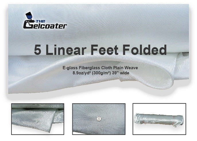 5 linear feet of folded e glass fiberglass cloth in 8.9 ounce weight and 39 inch wide with 3 inset photos showcasing the cloth