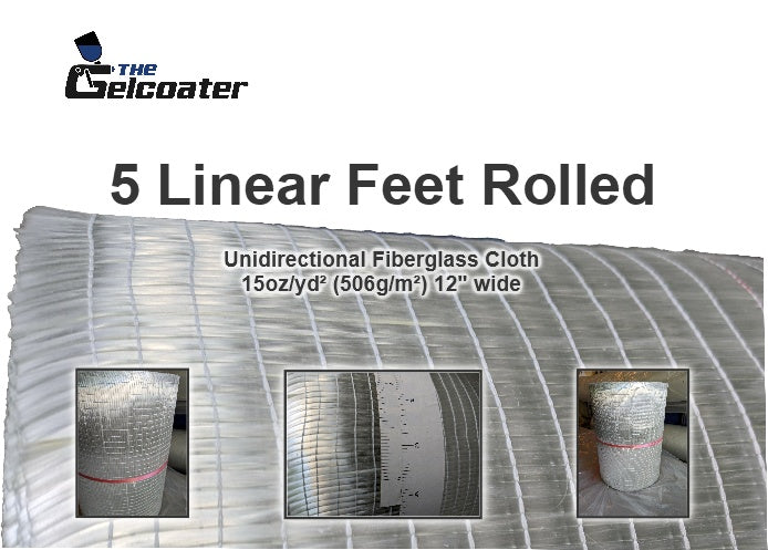 5 linear feet of 15 ounce per square yard, 506 gram per square meter unidirectional fiberglass with 3 inset photos of unidirectional fiberglass and The Gelcoater logo