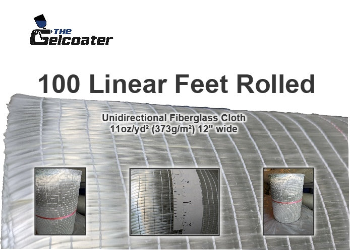 100 linear feet of 11 ounce per square yard, 373 gram per square meter unidirectional fiberglass with 3 inset photos of unidirectional fiberglass and The Gelcoater logo