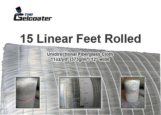 15 linear feet of 11 ounce per square yard, 373 gram per square meter unidirectional fiberglass with 3 inset photos of unidirectional fiberglass and The Gelcoater logo
