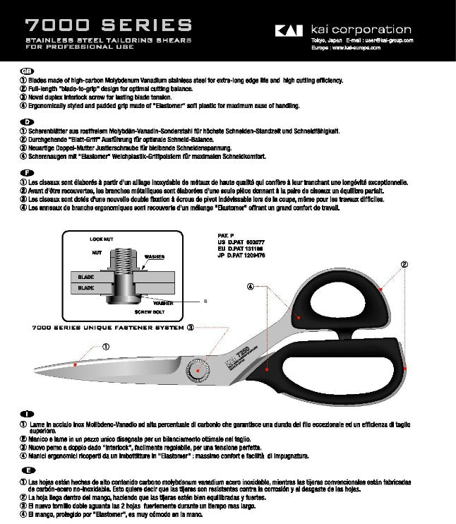 Left Handed Kai 7250L Professional Series 10" 25cm Premium Dressmaker & Fiberglass Scissors / Shears
