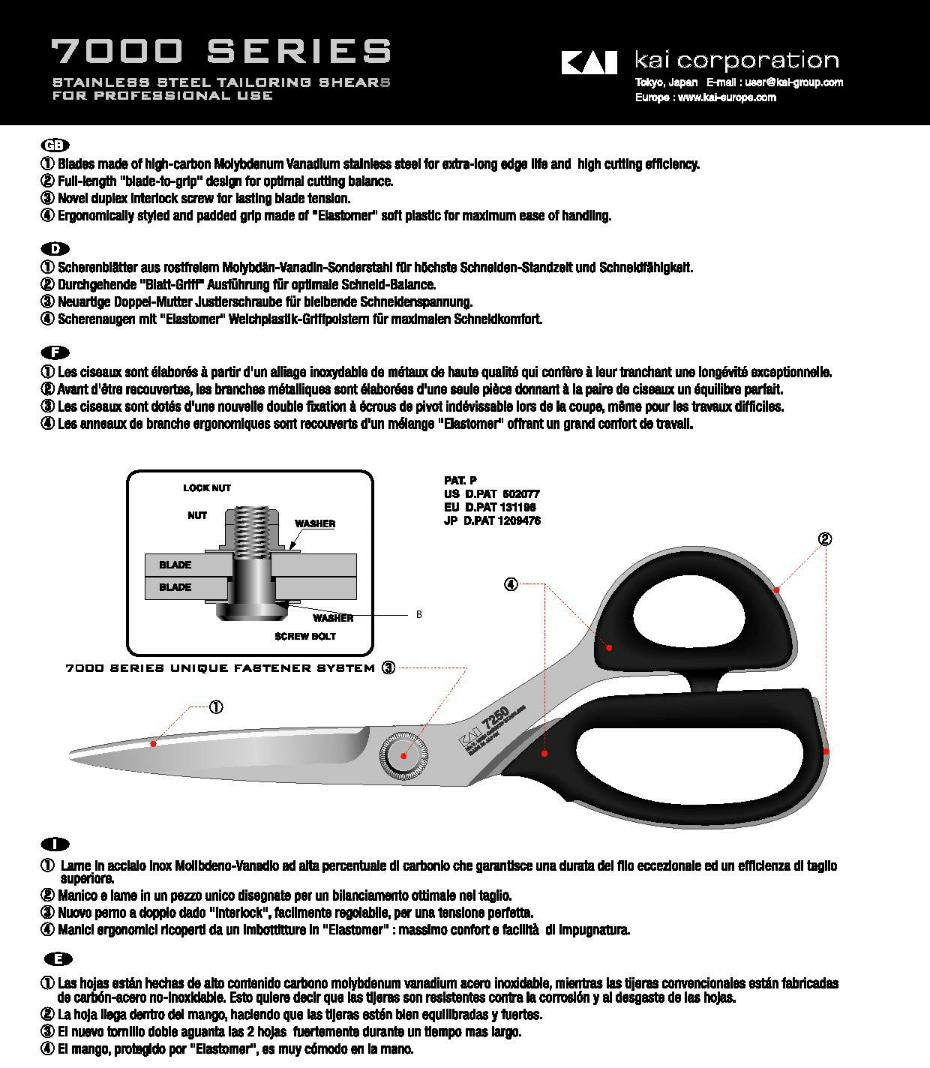 Kai 7280 Premium 11" 28cm Professional Tailor & Fiberglass Scissors / Shears