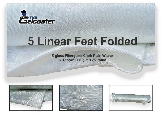 5 linear feet of plain weave e-glass fiberglass cloth in 4.1 ounce per square yard, 140 grams per square meter weight and 28 inch width with various pictures of the cloth and The Gelcoater logo
